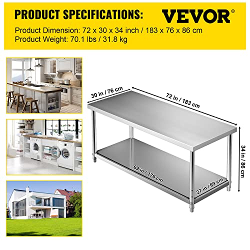 VEVOR Stainless Steel Prep Table, 72 x 30 x 34 Inch, 550lbs Load Capacity Heavy Duty Metal Worktable with Adjustable Undershelf, Commercial Workstation for Kitchen Restaurant Garage Backyard VEVOR