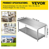 VEVOR Stainless Steel Prep Table, 72 x 30 x 34 Inch, 550lbs Load Capacity Heavy Duty Metal Worktable with Adjustable Undershelf, Commercial Workstation for Kitchen Restaurant Garage Backyard VEVOR