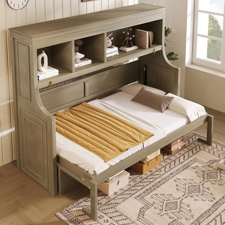 LUMISOL Twin Size Murphy Bed with Built-in Desk & Storage Shelves, Horizontal Wall Bed with Storage, Space-Saving Wall Bed for Home Office, Guest Room, Apartments,Gray LUMISOL