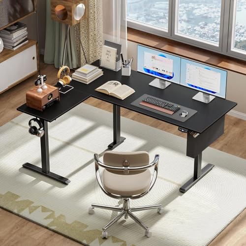 Korfile L Shaped Electric Standing Desk,63 Inch Adjustable Height Sit to Stand Corner Desk with Memory Presets, Reversible Computer Table for Home Office, Work and Study, Black Korfile