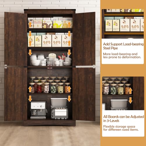 Farmhouse Tall Kitchen Pantry Cabinet with Adjustable Shelves and Barn Doors - 71" Brown Storage Solution - WoodArtSupply