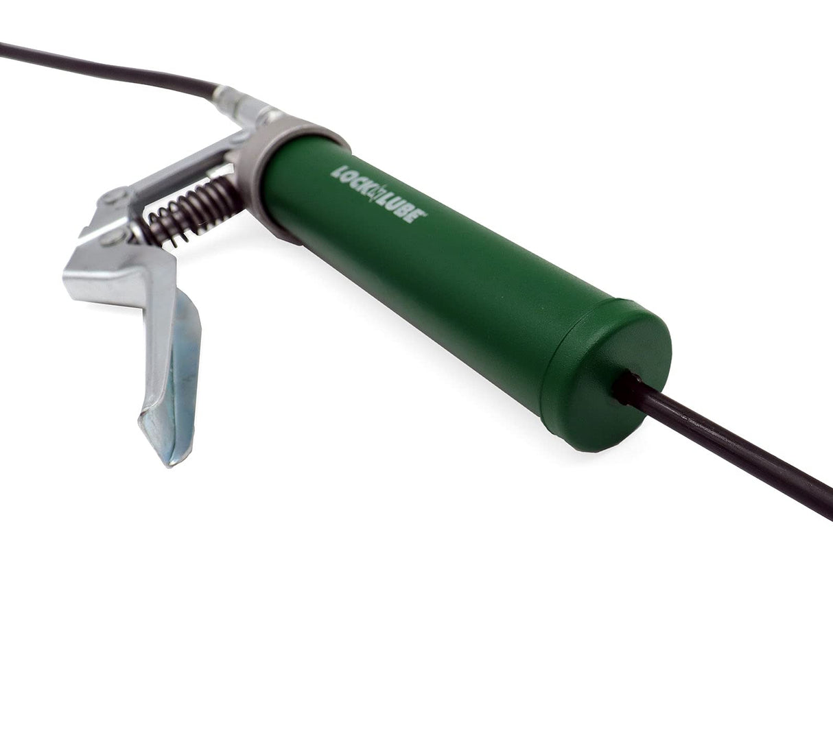 LockNLube Mini Grease Gun Kit. Includes Our Patented Grease Coupler (Locks on, Stays on, Won't Leak!) Plus a 12 Hose and in-line Hose Swivel. LockNLube