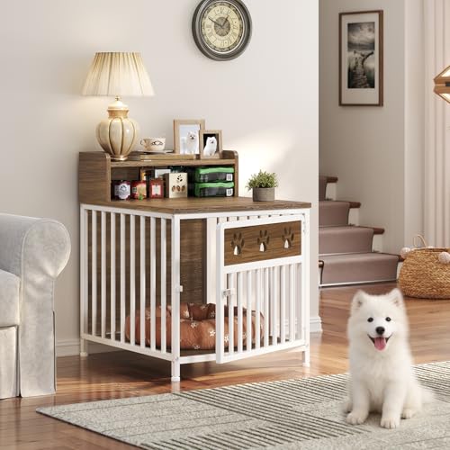 YATINEY Dog Crate Furniture for Small Dogs, Wooden Dog Kennel, Indoor Pet Crate End Table, Two-Tier Small Pet Crate, for Living Room, Bedroom, White and Walnut DC01WH YATINEY