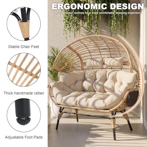 LUTINLIX Double Egg Chair with Cup Holder Outdoor Indoor,2 Person Oversized Wicker Lounge Egg Chair with 8” Thicken Cushions & Rain Cover 700lbs for Patio Balcony Porch Living Room