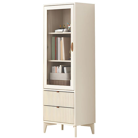 Elegant White Wooden Bookcase with Glass Doors and Storage Drawers for Stylish Home Organisation LITFAD