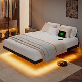 GalnFu King Size Floating Bed Frame with LED Lights and Charging Station, Metal Platform Bed Frame with Heavy Duty Steel Slats Support, Noise-Free, No Box Spring Needed, Easy Assembly GalnFu