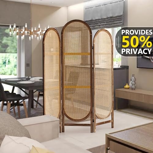 Aletheiawu 5.9 Ft Tall Hand-Woven Rattan Room Divider 3 Panels, Wood Room Divider Panel, Folding Screen Divider Wall, Wall Divider for Room Separation, Folding Privacy Screen, Home Office Brown Aletheiawu