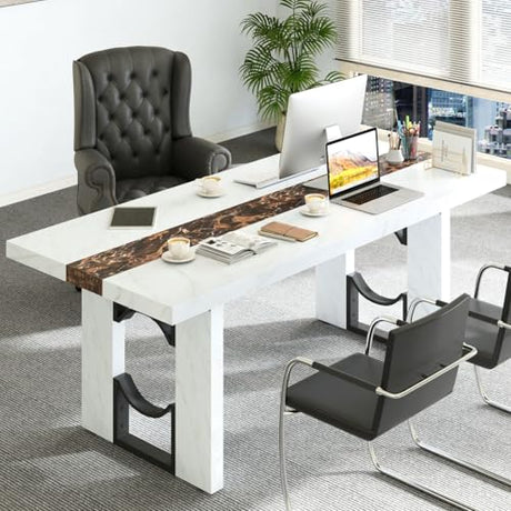 Loomie 6FT Conference Table for 6-8 People, 71 Inch Large Rectangular Meeting Table with Marble-Color Tabletop, Modern Seminar Table for Office Conference Room, Boardroom (White Marble) Loomie