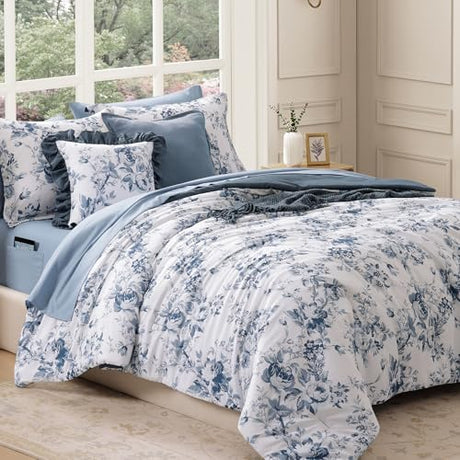 BLOOMHAVEN Queen Comforter Set -7 Pieces Floral Blue Comforter Set for All Seasons, Bed in a Bag Queen with Botanical Flowers Comforter, Sheets, Pillowcases & Shams BLOOMHAVEN