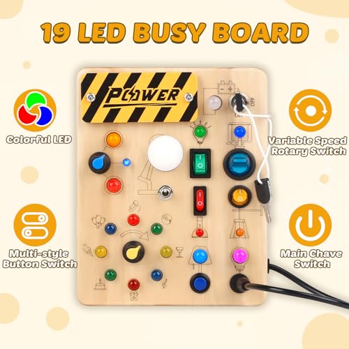 Joyreal Montessori Toddler Busy Board, 19 Led Wooden Sensory Board Educational Toys with 10 Switch Light Designs, Early Fine Activity Motor Skills Travel Toys for Toddlers Boys and Girls - WoodArtSupply