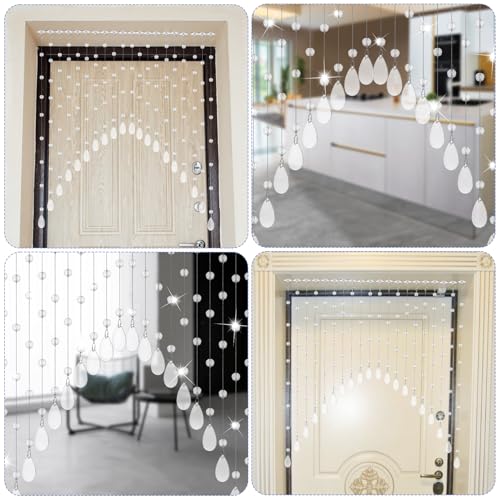 Ptwola 20 Strings Crystal Beaded Curtain, Self-Adhesive Arched Clear Crystal Glass Door Valance Hanging Stran Doorway Room Divider Partition for Home Coffee House Bedroom Restaurant Closets Windows Ptwola