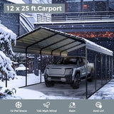 GREEN PARTY 12 x 25 ft Metal Carport Kits with Galvanized Steel Roof, Heavy Duty Metal Carport Canopy, Outdoor Car Tent Metal Garage Shelter for Car, SUV, Truck and Boats, Grey GREEN PARTY