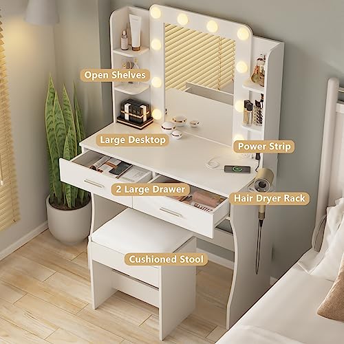 Vanity Desk with Lights,Makeup Vanity with Power Strip,Dressing Table Set with 2 Large Drawers,Vanity Mirror 3 Lighting Color Adjustable,White Vabches