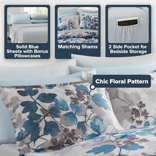 Madison Park Twin XL Comforter Set with Sheets, Floral Bed in A Bag Soft Microfiber Comforter for Twin XL Size Bed, All Season Lightweight Comforters Twin XL Bed Set, Alexis, 6 Piece Blue Madison Park