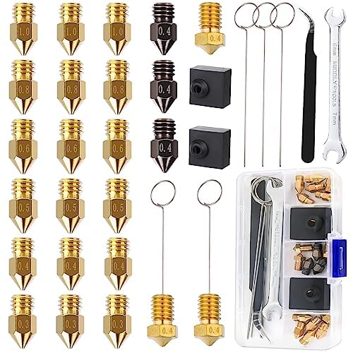 Comgrow 24PCS Ender 3 V2 Nozzles, 3D Printer Extruder Hardened Steel Nozzle 0.4mm, Brass Nozzle 0.3mm/0.4mm/0.5mm/0.6mm/0.8mm/1.0mm, DIY Tools Storage Box for Creality Ender 3 Series and CR 1 - WoodArtSupply