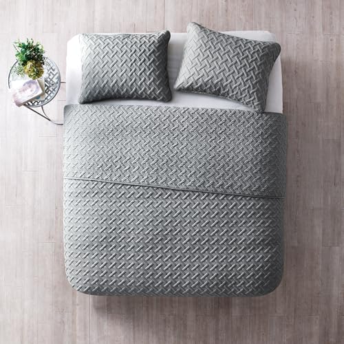 VCNY Home Twin Bed Quilt – 2-Piece Twin Comforter Alternative, Basketweave Bedspread Coverlet with Sham, All Season Bed Set (Nina, Grey Bedding) VCNY Home