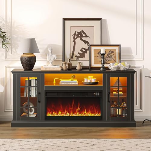 Rolanstar Fireplace TV Stand with Led and Power Outlets, Black Entertainment Center with 26" Electric Fireplace for 45/50/55/60/65 inch TVs, Modern TV Console with Storage Cabinet for Living Room Rolanstar