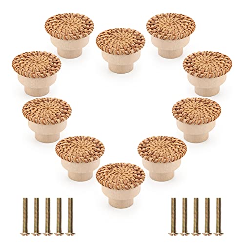 Pletpet 10 Packs Boho Rattan Dresser Knobs, Wood Knobs for Dresser Drawers Boho Dresser Handles Dresser Pulls Dresser Knobs Wood Rattan Drawer Knobs Drawers Wooden Door Knobs with 10 Screws Pletpet