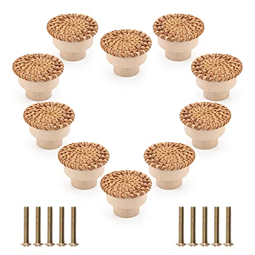 Pletpet 10 Packs Boho Rattan Dresser Knobs, Wood Knobs for Dresser Drawers Boho Dresser Handles Dresser Pulls Dresser Knobs Wood Rattan Drawer Knobs Drawers Wooden Door Knobs with 10 Screws - WoodArtSupply