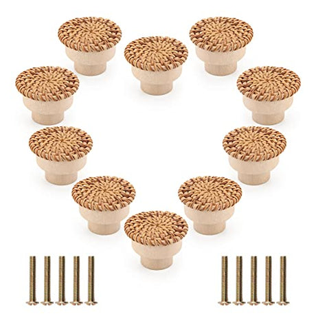 Pletpet 10 Packs Boho Rattan Dresser Knobs, Wood Knobs for Dresser Drawers Boho Dresser Handles Dresser Pulls Dresser Knobs Wood Rattan Drawer Knobs Drawers Wooden Door Knobs with 10 Screws Pletpet