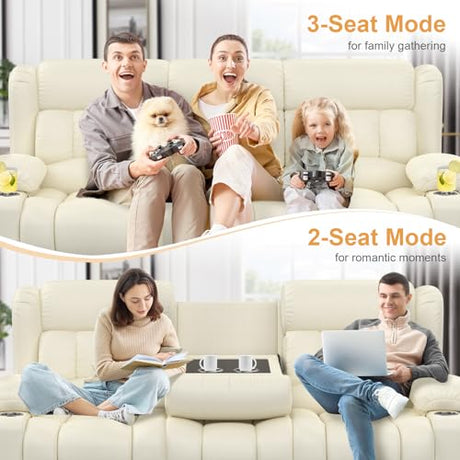 Dresegmt Loveseat Recliner Sofa, Flip Middle Backrest Design PU Leather 3 Seat Reclining Sofa with Storage Drawer, Manual Couch for Living Room (Ivory White, PU) Dresegmt
