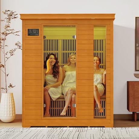 springspa 3 Person Infrared Sauna Indoor Home Sauna, Low EMF Far Infrared Canadian Hemlock Dry Saunas Room with 2 LCD Panels, 2820W/240V 15amp, 7-Color Light Therapy, 60.24"x43.31"x74.8" springspa