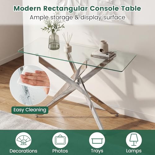 Giantex Glass Console Table, 45" Modern Entryway Table w/Clear Tempered Glass Top & Heavy Duty Metal Tubular Legs, Accent Sofa Tables, Behind Couch Tables for Living Room, Entrance, Hallway, Silver Giantex