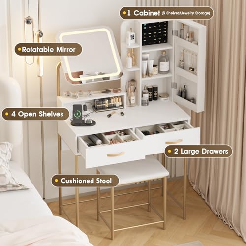 Fameill Vanity Desk with Mirror and Lights, White Makeup Table and Chair Set with 2 Storage Drawers&Cabinet&Shelves, Small Vanity Desk for Bedroom, 3 Lighting Mode Fameill