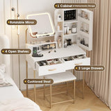 Fameill Vanity Desk with Mirror and Lights, White Makeup Table and Chair Set with 2 Storage Drawers&Cabinet&Shelves, Small Vanity Desk for Bedroom, 3 Lighting Mode Fameill