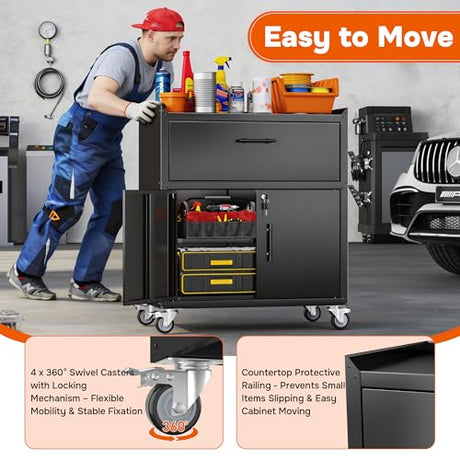 Metal Storage Cabinets Locker with Shelves and Drawer, Metal Rolling Storage Cart, Adjustable Shelf, Tool Organizer for Garage Warehouse, Black, 35" H x 30" W x 18" D Metallitrend