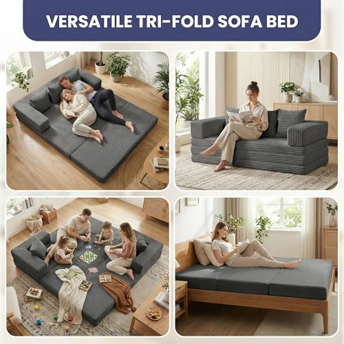 Winzoo Convertible Sofa Bed Couch, 78’’ Oversized 4-in-1 Boneless Couches with Removable Armrests Backrest, Corduroy Futon Sofa Bed, Foldable Mattress Sleeper Sofa for Living Room Bedroom (Grey) Winzoo