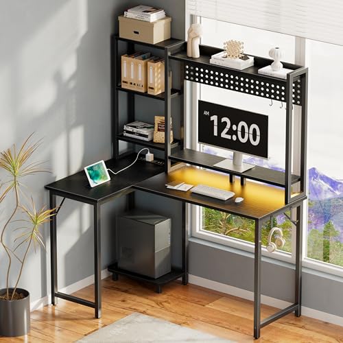 MEUIS L Shaped Gaming Desk with Shelves - 48 inch Corner Computer Desks with Storage Hutch Shelf Reversible Pegboard Led Lights Power Outlets PC Monitor Stand for Bedroom, Black MEUIS