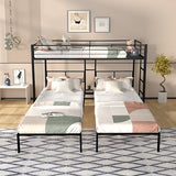 Ball & Cast L-Shaped Triple Bunk Bed, Space Saving Corner Metal Bed Frame with Squeak-Free Wood Slats,3 Twin Bunk Beds w/Full-Length Guardrails & Ladder,No Box Spring Needed,for Kids/Teens,Black Ball & Cast