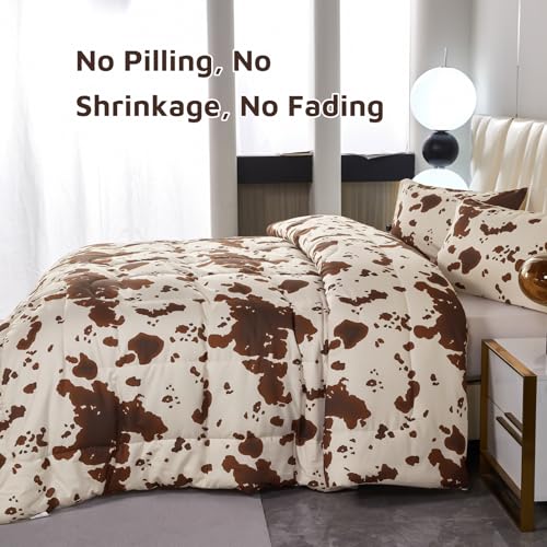 PERFEMET Cow Print King Size Comforter Set Brown and Beige Western Bedding Set Cartoon Animal Pattern Farmhouse Bed Set for Teens Boys Girls Men Women (Beige,King) PERFEMET