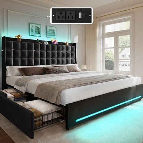 YITAHOME King Size Bed Frame with 4 Drawers and RGB LED Lights, Velvet Upholstered Platform Bed with Charging Station and Storage Headboard, No Box Spring Needed, Easy Assembly, Noise-Free, Black YITAHOME