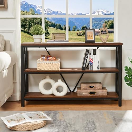 HOMISSUE Sofa Console Table, Rustic Console Table with 3-Tier Storage, Engineered Wood Sofa Tables with Open Shelves, Heavy Duty Entryway Tables for Living Room, Hallway (47 Inch, Rustic Brown) HOMISSUE