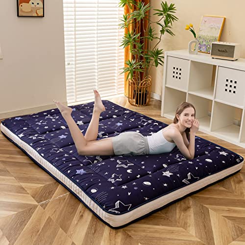 MAXYOYO Futon Mattress, Navy Star Japanese Floor Mattress Portable Quilted Bed Mattress, Extra Thick Folding Sleeping Pad Breathable Floor Lounger Guest Bed for Camping Couch, Full MAXYOYO