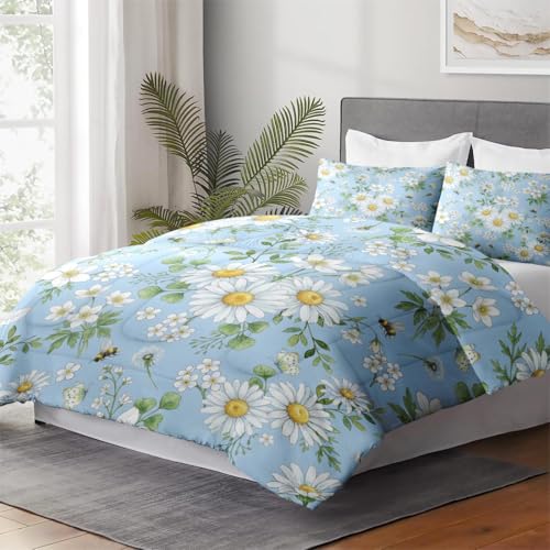 WeCozy Twin Size Comforter Set with Pillowcase, Wildflower Daisy Flower Floral Soft 2 Pcs Bedding for Kids and Adults Bedroom Bed Decor WeCozy