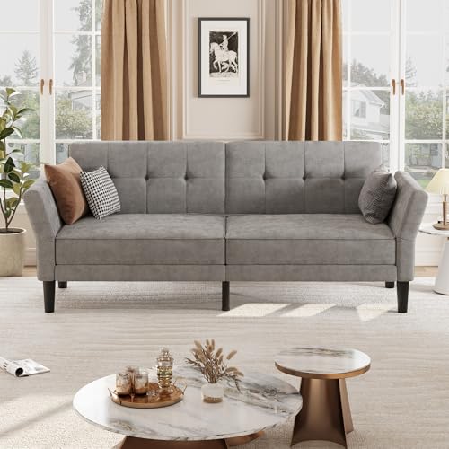 IDEALHOUSE 89" Futon Sofa Bed, Modern Chenille Sleeper Couch with Adjustable Backrest & Armrest, Convertible Futon Couch for Living Room Bedroom Apartments, Silver Gray IDEALHOUSE