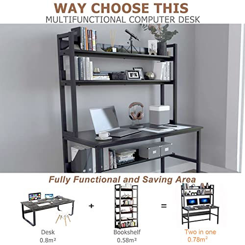Aquzee 47-Inch Modern Ergonomic Computer Desk with Hutch and Storage Shelves in Black Aquzee