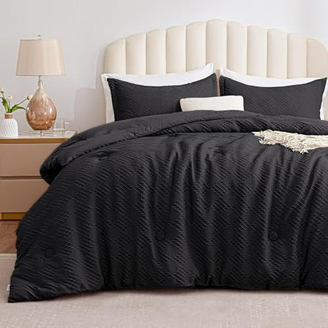 EXQ Home Waffle Comforter Queen Size - Super Soft Embossed Design Comforter Set 3 Pieces, Black 3D Diamond Pattern Bedding Set,Winter Warm Bed Set,1 Comforter with 2 Pillowcases EXQ Home