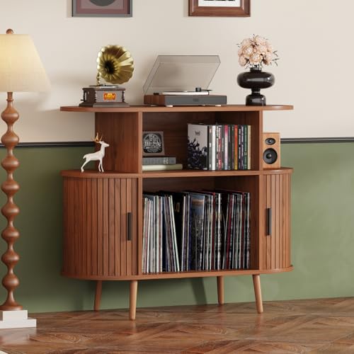 LSHUIZHU Mid Century Modern Record Player Stand with Storage - Large Round Vinyl Storage Cabinet Holds 150+ Records, Turntable Media Console with Fluted Display Shelf for Living Room Bedroom(Walnut) LSHUIZHU