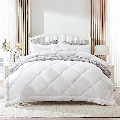 SLEEP ZONE King Size Comforter Duvet Insert, Down Alternative Reversible Comforter, Lightweight, Soft and Breathable Bedding All Season, Diamond Quilting White SLEEP ZONE