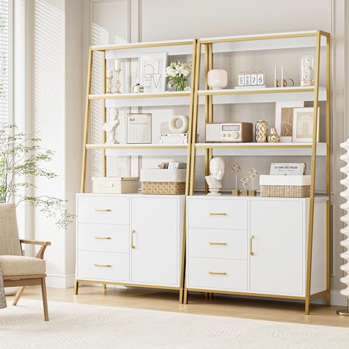 HITHOS 69" Tall White Gold 4-Tier Bookshelf with Storage Drawers and Elegant Design HITHOS