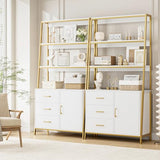 HITHOS 69" Tall White Gold 4-Tier Bookshelf with Storage Drawers and Elegant Design HITHOS