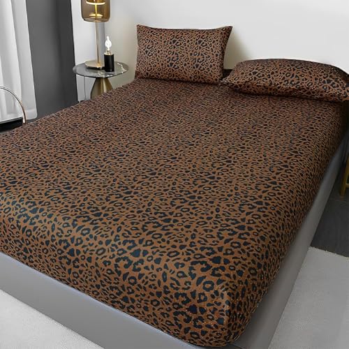 Leopard Pattern Fitted Sheet King Size Soft 100% Microfiber Bedding Sheet with 15" Deep Pocket 1 Piece Fitted Sheet Animal Cheetah Printed Farmhouse Bedding Sheet Cozy Mattress Cover King Bed Sheet LifeTB
