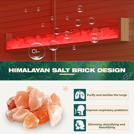 BNEHS Infrared Sauna,2 Person Luxurious Indoor Sauna with Recliner, Wooden Sauna with 7-Color Starry Ceiling,9 Heating Tubes,5 Carbon Panels,2-in-1 Door Handle,Himalayan Salt Brick,220V BNEHS
