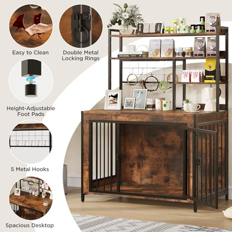 Halitaa 38.6" Dog Crate Furniture with Storage Shelves, Double Doors, Heavy Duty Dog Kennel Furniture for Large/Medium/Small Dogs, Wooden Dog Cage Pet House with Hooks, Rustic Brown Halitaa