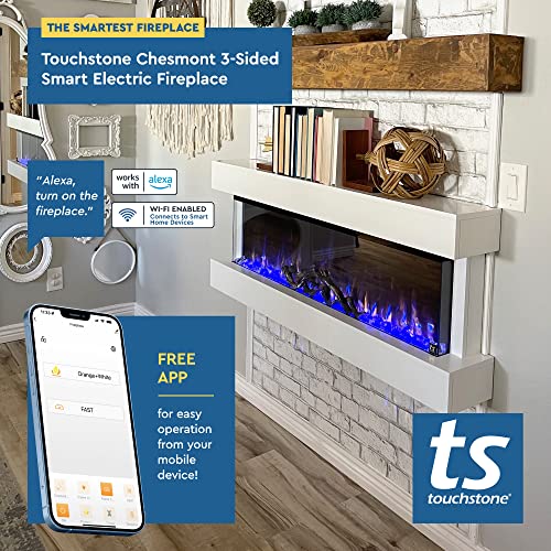 Touchstone Chesmont Smart Electric Fireplace- Wall Hanging Fireplace with 50" Wide White Floating Mantle- Alexa/WiFi Enabled-10 Color-1,500W Heater- Crystals & Driftwood-Model 80033 Touchstone