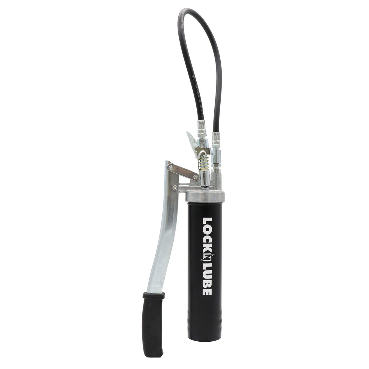 LockNLube Easy-Prime Lever Grease Gun. includes our patented Grease Coupler (locks on, stays on, won't leak!) plus a 20" hose and in-line hose swivel. LockNLube